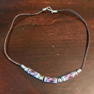 Vintage 1990s Black Leather Cord Necklace with Floral Beads